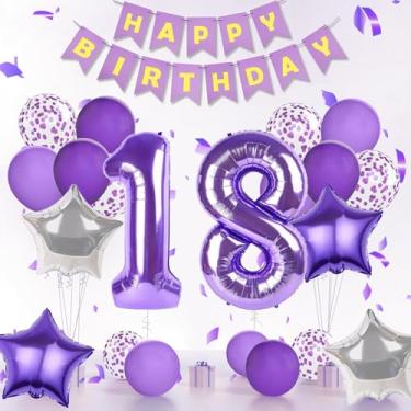 Imagem de Decorações de feliz aniversário de 18 anos para meninas, números roxos de 18 balões de 101 cm, faixa de feliz aniversário, balões de 18 anos para decorações de festa roxas