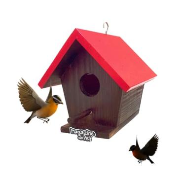 Imagem de Casinha de Pássaros em Madeira, Telhado Vermelho, Decoração para Jardim, com Ganchos para Pendurar