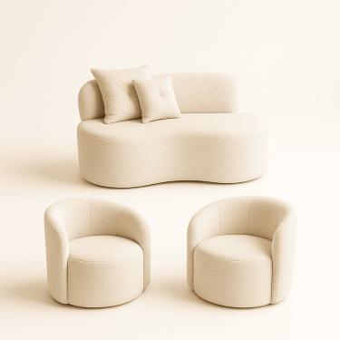 Imagem de Conjunto Decorativo 02 Poltronas + Sofá Curvo Orgânico Nature Gaia Boucle Bege - Montanaris Decor