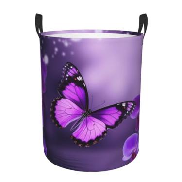 Imagem de Cesta de lavanderia borboleta roxa dobrável à prova d'água cesto de armazenamento de roupas com alças pano oxford organizador de brinquedos cesta para banheiro, lavanderia, quarto, médio
