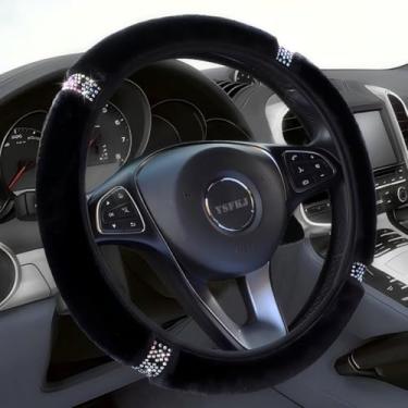 Imagem de YSFKJ Capa de volante fofa para mulheres, com strass de cristal brilhante, antiderrapante universal de 38 cm, protetor de roda de pelúcia para carro de 38 cm, preta