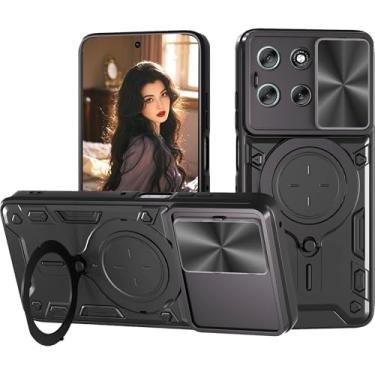 Imagem de Ephoou Capa para Motorola Moto G56 com suporte de anel magnético, lente de câmera deslizante integrada - capa resistente à prova de choque de grau militar para Moto G56 JS-preta