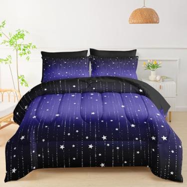 Imagem de QOOMO Jogo de cama solteiro, galáxia azul, céu estrelado, 7 peças, inclui 1 edredom, 1 lençol com elástico, 1 lençol de cima, 2 fronhas estampadas e 2 fronhas pretas