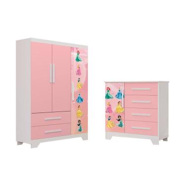 Imagem de Conjunto Quarto Infantil Princesas - Roupeiro E Cômoda Mdf - Rosa