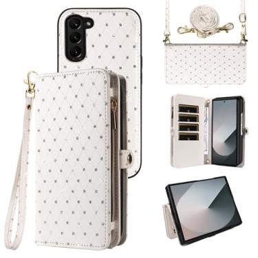 Imagem de Capa de celular para Samsung Galaxy Z Fold 6 5G 2024 com zíper carteira destacável com alça transversal alça de cordão bling glitter flip compartimento para cartão ZFold6 Z6 G Fold6 6Z mulheres homens