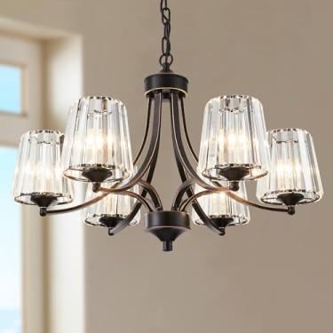 Imagem de CMRCOZIRA Lustres 6 luzes pingente moderno luminária de teto montagem embutida casa de fazenda lâmpadas penduradas com cortinas de cristal bronze polido a óleo para hall de entrada, quarto, sala de