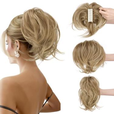 Imagem de SOFEIYAN Extensão de rabo de cavalo curto com clipe de garra, faça você mesmo, fios dobráveis, coque de cabelo falso fofo, extensões de rabo de cavalo de cabelo sintético liso para Wonen - Areia