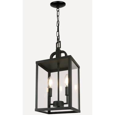 Imagem de Luminária pendente grande para ambientes externos, 2 luzes, lustre externo de metal preto moderno para pendurar no teto com sombra de vidro transparente para entrada de entrada na varanda da frente