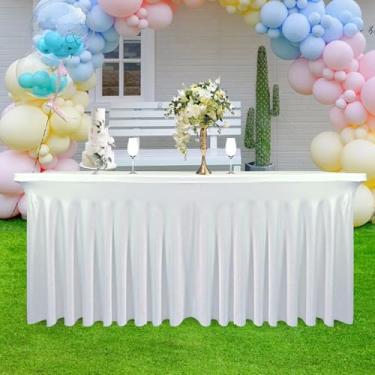 Imagem de 1 pacote com 152 cm C x 71 cm L x 76 cm A saia de mesa branca para mesas retangulares de 1,8 m | Roupas de mesa elásticas com elastano | Saia de mesa lavável e resistente a vincos | para festas