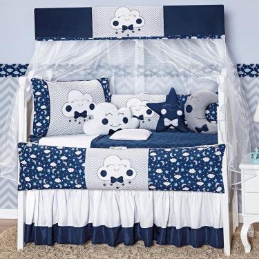 Imagem de Kit Berço 12 Peças Com Saia Box Azul Marinho Nuvem Completo