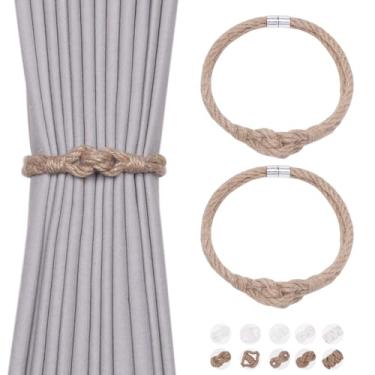 Imagem de NICEEC Pacote com 2 laços de cortina de corda de juta natural, elegante, estilo boêmio, fecho magnético, amarrado, corda macia à mão, retentores para cortinas de casa e escritório (nó de juta-05)