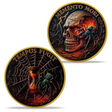 Imagem de Imasoner Memento Mori Coin Stoic Philosophy Challenge Coin with Skull, Hourglass & Spider – Double-Sided “Tempus Fugit” Design – EDC Pocket Token, Inspirational Gift for Thinkers & Minimalists