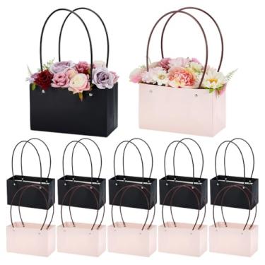 Imagem de BENECREAT 12 peças de sacolas de papel kraft para presente, 21 x 12 x 12 cm, pequenas sacolas de papel com alça para arranjo floral, lembrancinha de festa, embalagem de presentes (rosa misty e preto)