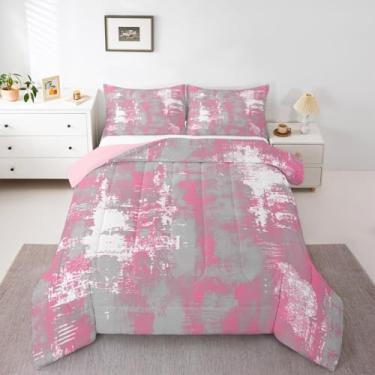 Imagem de Feelyou Conjunto de edredom abstrato, moderno, arte abstrata, conjunto de cama com 2 fronhas, microfibra rosa, branca, roupa de cama queen para decoração de quarto, geométrico, respirável, macio e