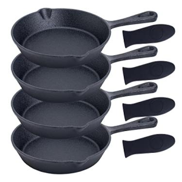 Imagem de Bruntmor Conjunto de 4 frigideiras de ferro fundido pré-temperadas pretas de 15 cm, frigideira de ferro fundido de 15 cm, frigideira de ferro fundido, panelas antiaderentes e utensílios de cozinha