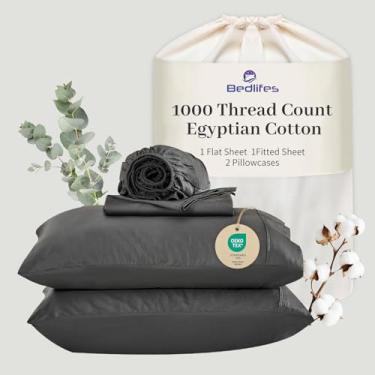 Imagem de Bedlifes Lençóis de algodão egípcio 1000 fios California King Size, 4 peças de bolso profundo de 40,6 cm - Roupa de cama ultramacia refrescante e respirável para conforto do hotel (cinza escuro)