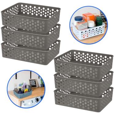 Imagem de Kit 6 Cestos Organizador Trama Rattam Médio 24x19cm Gavetas Armario Guarda Roupas (Marrom)