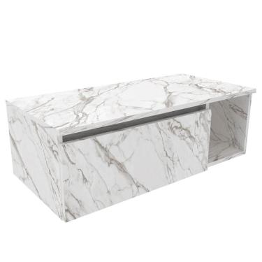 Imagem de Gabinete Suspenso de Banheiro em MDP 80cm Branco Marmorizado com 1 Porta e Nicho Lateral Balcão Sem Cuba