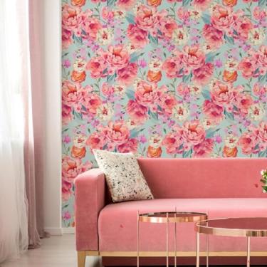 Imagem de ESSMOKO Papel de parede colorido planta flor hidrosol papel de parede sala de estar quarto escritório decoração de fundo adesivo de parede rosa peônia flor 45 * 600 cm