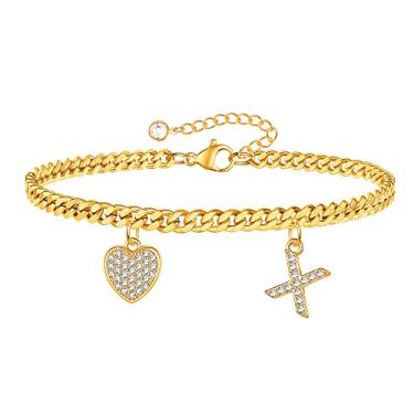 Imagem de Tornozeleiras de tornozelo cubanas com inicial de borboleta de coração dourado banhado a ouro 14K com inicial pingente de ouro para mulheres, corrente cubana, corrente cubana, inicial, coração,