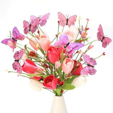 Imagem de Pacote com 3 flores artificiais de tulipa rosa com frutas coloridas, corações vermelhos, gradientes rosa de tulipas e borboletas, buquê de tulipas para decoração de vaso para o dia das mães,