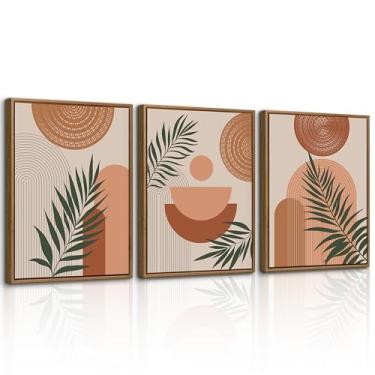 Imagem de WENGTIAO 3 peças de arte de parede em tela emoldurada boho marrom abstrato botânico geométrico imagens pinturas minimalistas folha planta pôsteres arte meados do século para sala de estar quarto