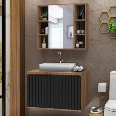 Imagem de Conjunto Gabinete Banheiro Ripado 80cm C/Cuba e Espelheira (Avelato/Preto)