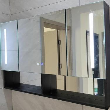 Imagem de AKALNNB Armário de banheiro montado na parede com espelho, armário de banheiro suspenso de alumínio com prateleiras de armazenamento, armário espelhado inteligente de 3 portas com