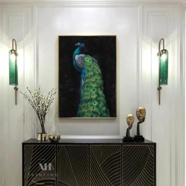 Imagem de WQFFQWK Pôster de pavão azul de luxo leve pintura em tela de arte de parede animal abstrata para sala de estar fotos decorativas de parede 51 x 76 cm/20 x 30 polegadas com-moldura dourada pronta para