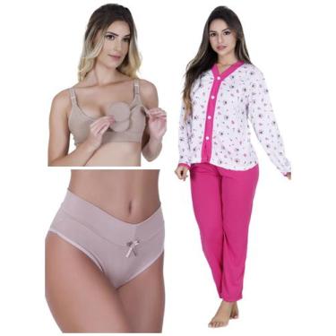 Imagem de Kit maternidade 1 Pijama Longo Aberto De Botão +1 sutiã amamentação +1