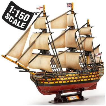 Imagem de Quebra Cabeças 3D para Adultos, Tema Navio Veleiro Grande HMS Victory com 189 Peças, CubicFun T4019H, Vermelho e Amarelo