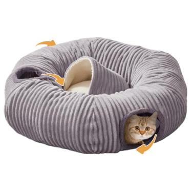 Imagem de Cama de túnel para gatos internos, brinquedo de túnel de donut para gatos com almofada circular lavável, barraca blackout, brinquedos multifuncionais para playground, esconderijo para gatinhos