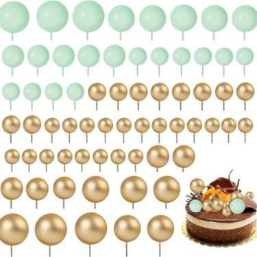 Imagem de LZGXZF 66 peças de topo de bolo em forma de bola, topo de bolo de feliz aniversário, bolas de espuma verde e dourada, enfeite de bolo de cupcake para meninos e meninas, chá de bebê, festa de