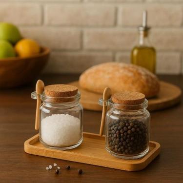 Imagem de Bandeja Retangular Bambu + 2 Potes De Vidro Colher De Bambu - Becca Ho