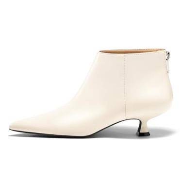 Imagem de Coutgo Botas femininas de salto baixo gatinho bico fino cano curto com zíper nas costas sapatos de outono, Branco creme, 36