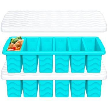 Imagem de Moldes de silicone para freezer de 1/2 xícara com tampa, 2 bandejas de silicone para congelador para sopa, molho e caldo – Recipientes de preparação de refeições, bandeja grande para cubos de gelo