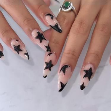 Imagem de Kit de unhas de pressão médio longo amêndoa nude cola falsa conjunto de unhas com design simples de estrela preta cobertura completa bastão falso artificial em unha de acrílico para mulheres casamento