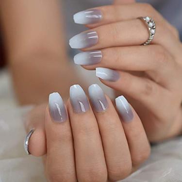 Imagem de Ombre Grey Press on French Nail Tips Medium Ballerina Fake Nails Coffin Flat Top Pres Projetado Manicture Tip