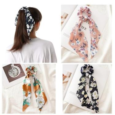 Imagem de Cachecol de cabelo para mulheres, laço atado, laços de cabelo com estampa floral, faixas elásticas, fita de cabelo apertada, suporte de rabo de cavalo para meninas, 3 peças, floral