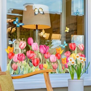Imagem de Adesivos multicoloridos para janela de borboleta tulipa - Decalques estáticos reutilizáveis de 30 x 61 cm | Adesivos vibrantes de flores e insetos da primavera para portas de vidro, varanda de quarto