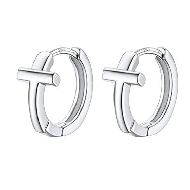 Imagem de Brincos femininos com letras de platina, brincos de prata esterlina, pequenos aros de pressão, One Size, Aço inoxidável, Sem pedra preciosa