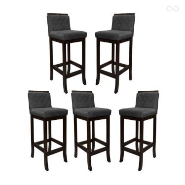 Imagem de Kit 5 Banquetas Alta com Encosto Matelassê Nice Madeira Maciça Maciça Suede Cinza CCS