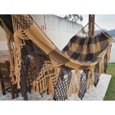 Imagem de Rede de Dormir Casal Luxo Gigante 4,4m Algodão – Artesanal, Confortável e Super Resistente, Várias Cores(Xadrez Marrom Escuro/Caramelo)