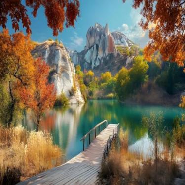 Imagem de Quadro Decorativo Paisagem Lago com Ponte de Madeira e Montanhas - Arte para Parede Tamanho 40x40cm