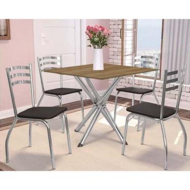 Imagem de Conjunto Mesa Sala Jantar Volga Com Tampo De Madeira 90cm E 4 Cadeiras Portugal Cromado Nogueira Preto Kappesberg