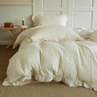Imagem de VM VOUGEMARKET Capa de edredom de creme Queen com estampa de flor minúscula, conjunto de cama de algodão musselina macio com babados, macio, respirável, capa de edredom de linho como gaze com fecho de