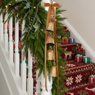 Imagem de Civaner Sinos vintage gigantes de Natal com laço de veludo de 76 cm conjunto de enfeites de árvore de Natal grande de 10 x 7,6 cm x 73,6 cm com laço de corda de juta para pendurar na porta de Natal