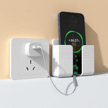 Imagem de 1 suporte de telefone de parede, autoadesivo de plástico com suporte de prateleira de orifício de carregamento, caixa de armazenamento multiuso para quarto, cozinha, banheiro