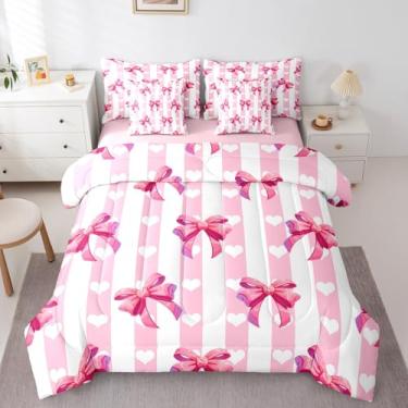 Imagem de Feelyou Edredom solteiro com laço rosa, 7 peças, estampa de coração de princesa sonhadora, para cama com listras geométricas brancas e rosa em uma bolsa, inclui edredom, conjunto de lençóis, fronhas e