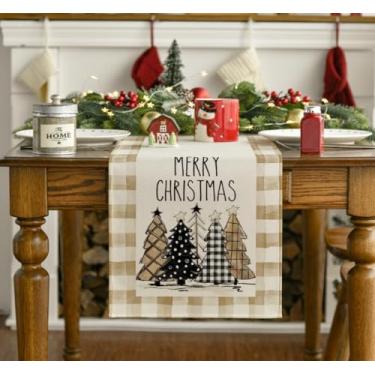 Imagem de Caminho de mesa de Natal xadrez búfalo branco e marrom, 33 x 182 cm, design de árvore de Natal, decoração de mesa de jantar sazonal de inverno para festa de cozinha em casa